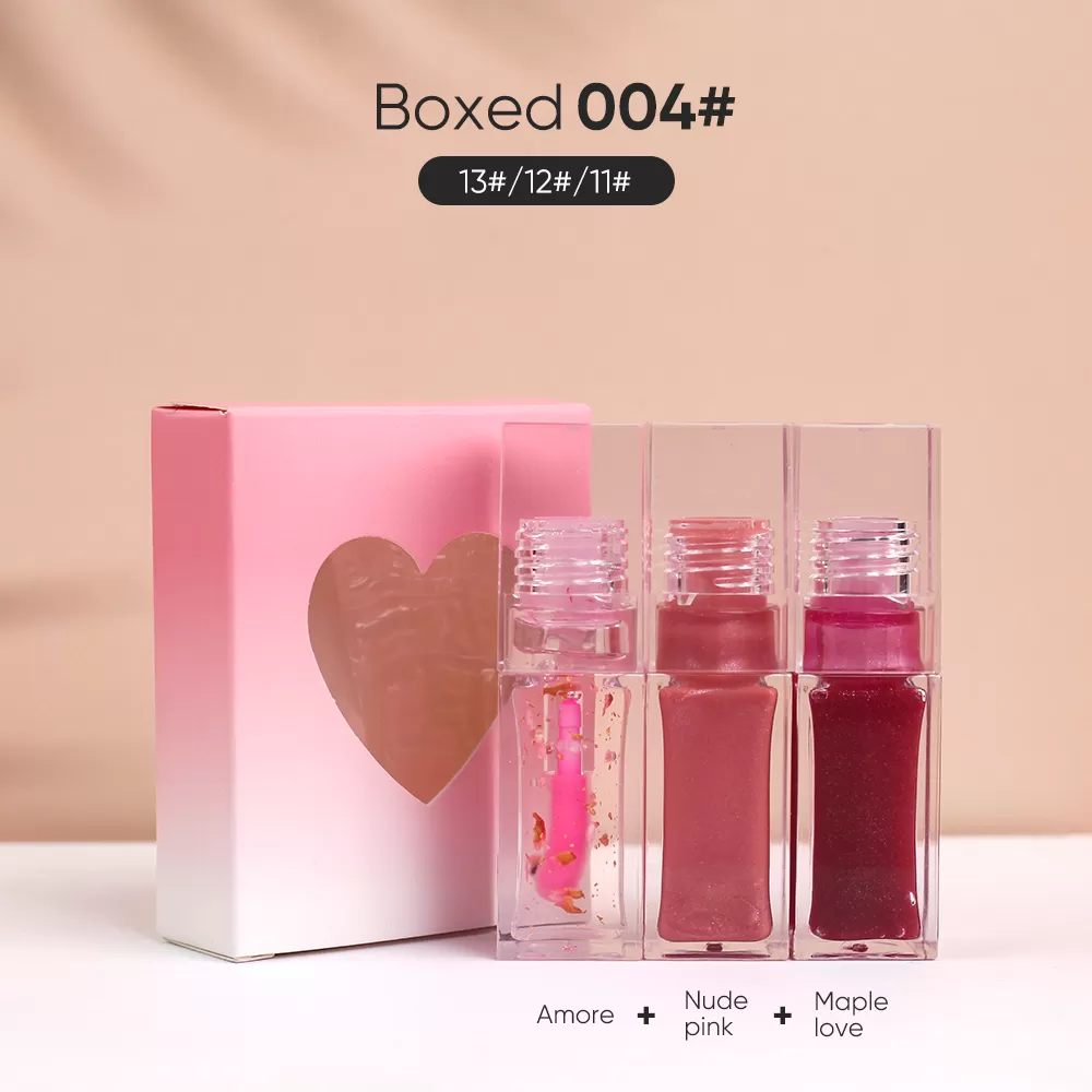 Wholesale Heart Shape Packaging 3pcs Lip Plumping Oil Lip Moisturizing Color Changing Lip Gloss