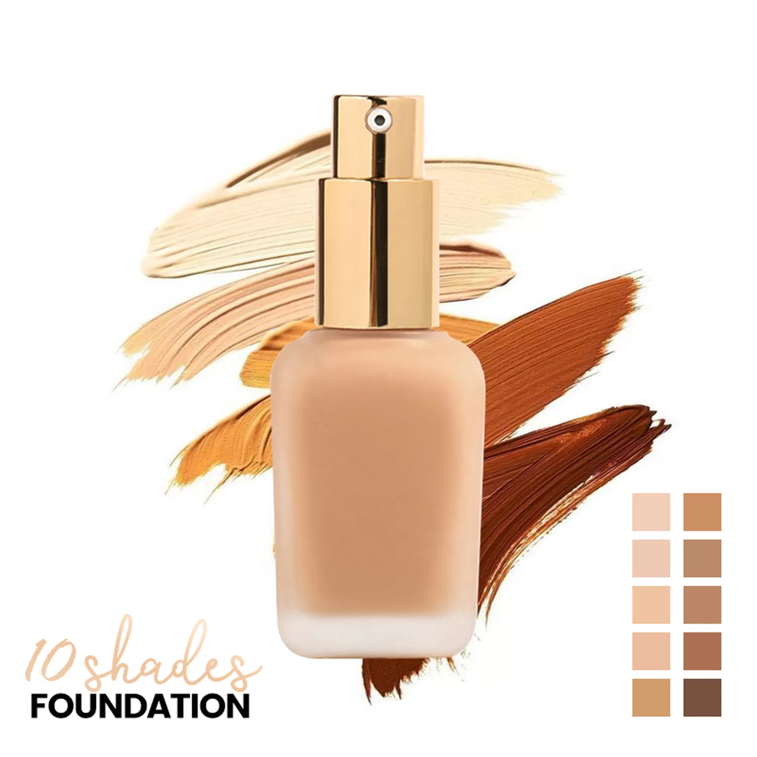 Full-Coverage Liquid Foundation 10Colors Oil Free Waterproof Foundation Gold Packaging
